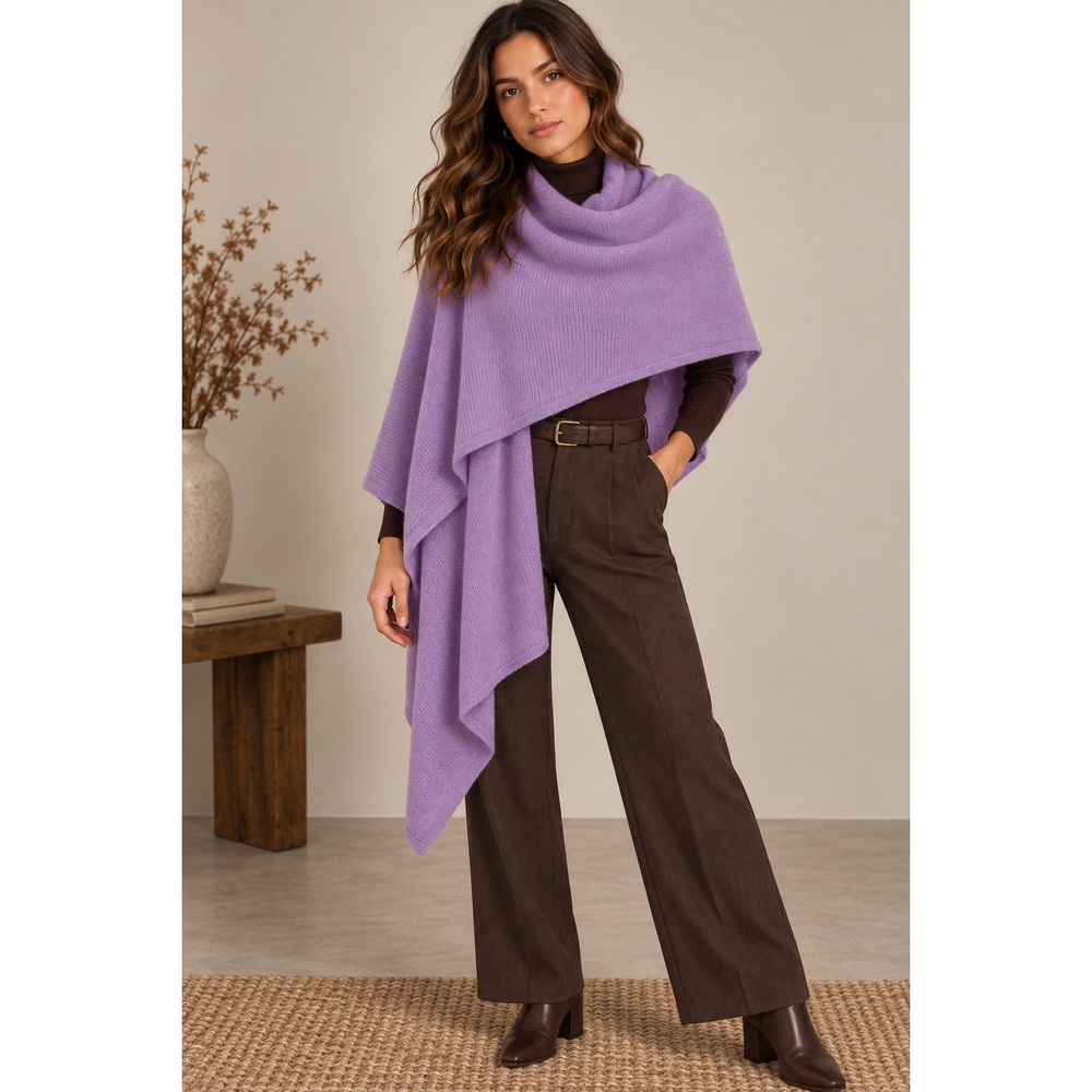 New Peruvian Alpaca Blend Purple Knit Ruana Shawl Wrap Cape w/ Horn Toggle Pin